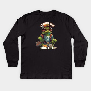 Living the Frog Life, frog t-shirts, t-shirts with frogs, Unisex t-shirts, frog lovers, animal t-shirts, gift ideas, fused fashion, frogs Kids Long Sleeve T-Shirt